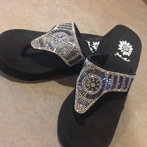 Yellow box jeweled flip-flops